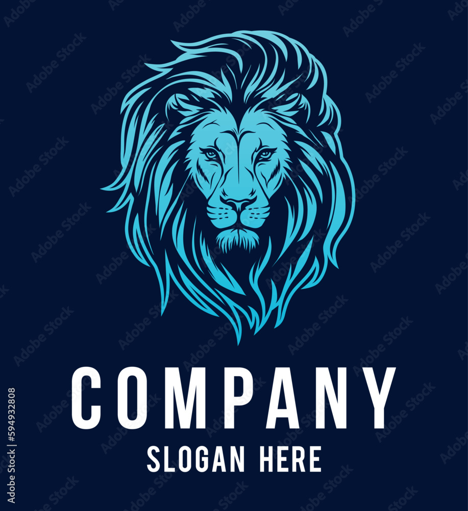 Lion head vector line art illustration isolated on dark and white background. Lion face and mane business logo design template.