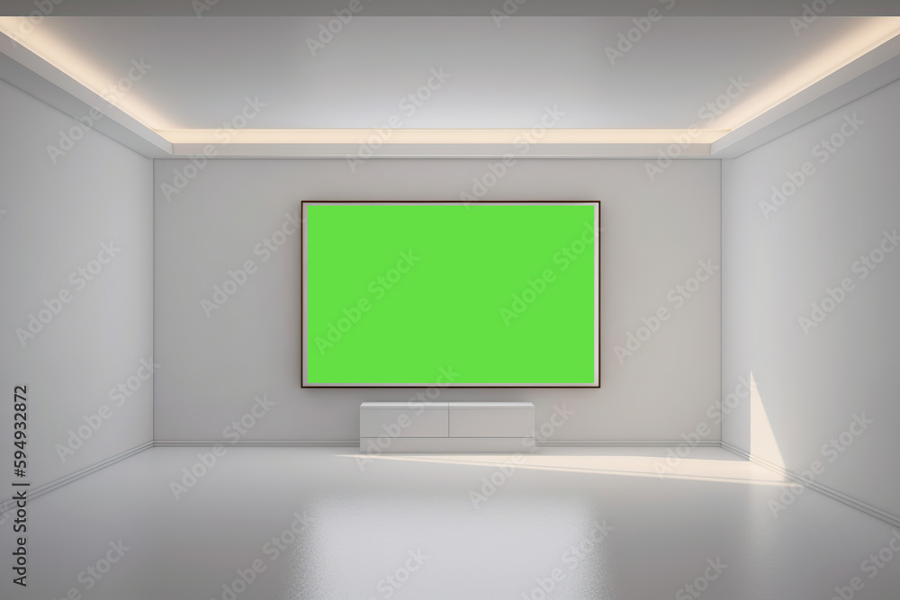 Fototapeta premium minimalistic white room with a green screen tv on the wall. generative ai