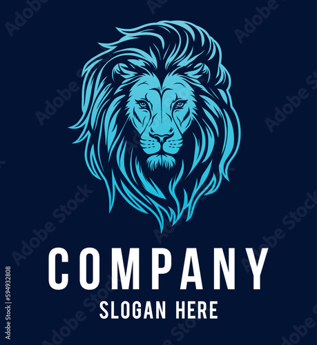 Lion head vector line art illustration isolated on dark and white background. Lion face and mane business logo design template.