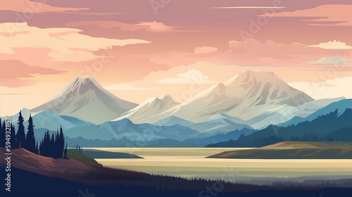 river with fields on the background of mountains, the sky in orange shades. illustration picture. generative ai