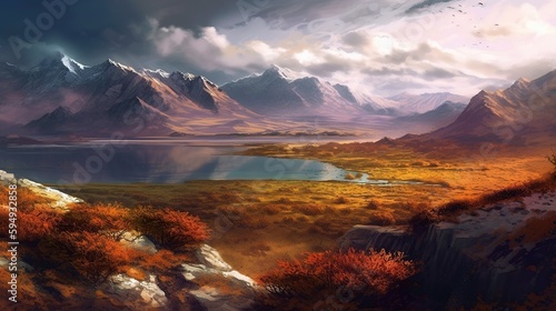 beautiful landscape with a field with ponds at sunrise. illustration picture. generative ai