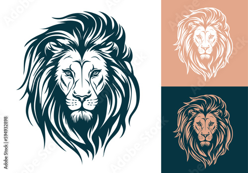 Lion face front view logotype line art eps vector art image illustration. Lion head with mane hair business company logo design and brand identity graphic.