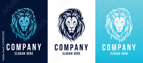 Lion head company logo vector line art illustration on black and white background. Lion face and mane business logo design.