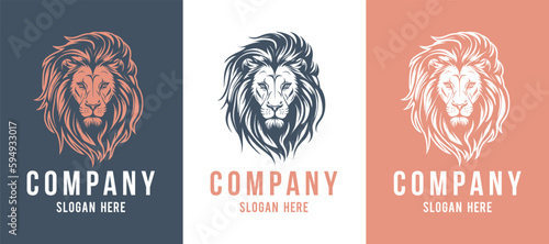 Lion head vector line art illustration isolated on dark and white background. Lion face and mane business logo design template.