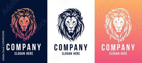 Lion head company logo vector line art illustration on black and white background. Lion face and mane business logo design.