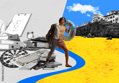 Excited businessman standing with swimming circle at work and moving into warm suny holidays on beach. Contemporary art collage. Business and vacation, inspiration, surrealism concept. Creative design photo