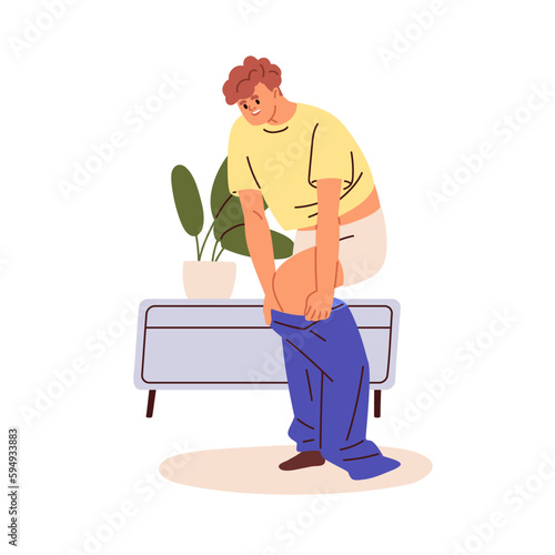 Man taking, putting on trousers, clothes, getting ready in morning. Happy person dressing jeans, pulling on pants, changing apparel at home. Flat vector illustration isolated on white background