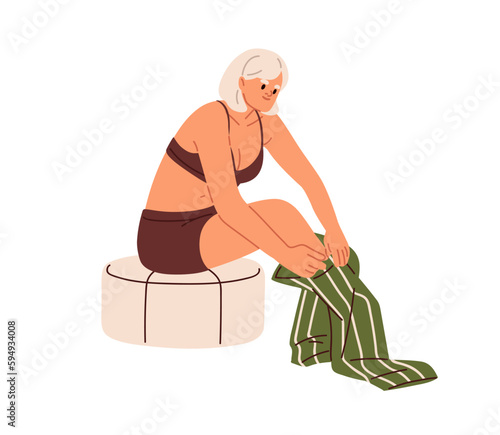 Woman taking on pants, getting dressed. Young girl in lingerie, putting clothes, trousers, apparel, changing garment. Unclothing process. Flat vector illustration isolated on white background