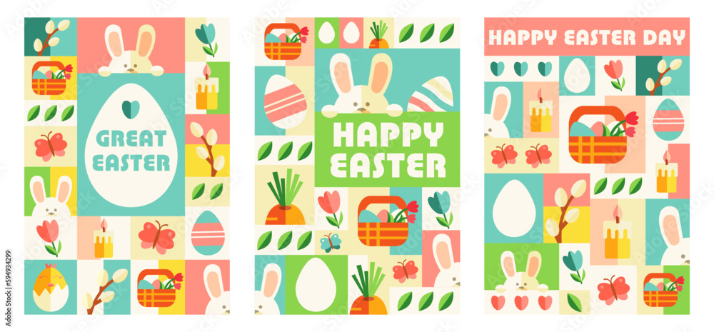 Greeting cards for Happy easter in the modern geometric style of the 60s 70s. Vector illustration. Cards, postcards, posters. Greeting cards for Happy easter in the modern geometric style of the 60s 70s. Vector illustration. Cards, postcards, posters.