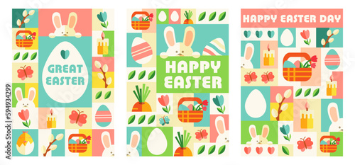 Greeting cards for Happy easter in the modern geometric style of the 60s 70s. Vector illustration. Cards, postcards, posters.