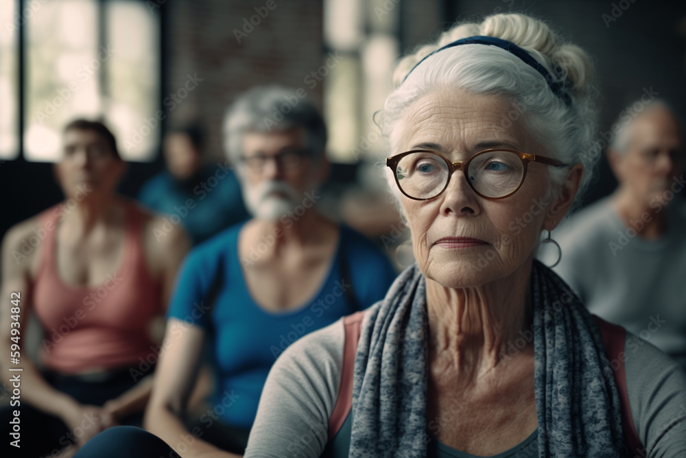 senior woman sitting in a yoga studio with other people, yoga or fitness. Generative AI senior woman sitting in a yoga studio with other people, yoga or fitness. Generative AI