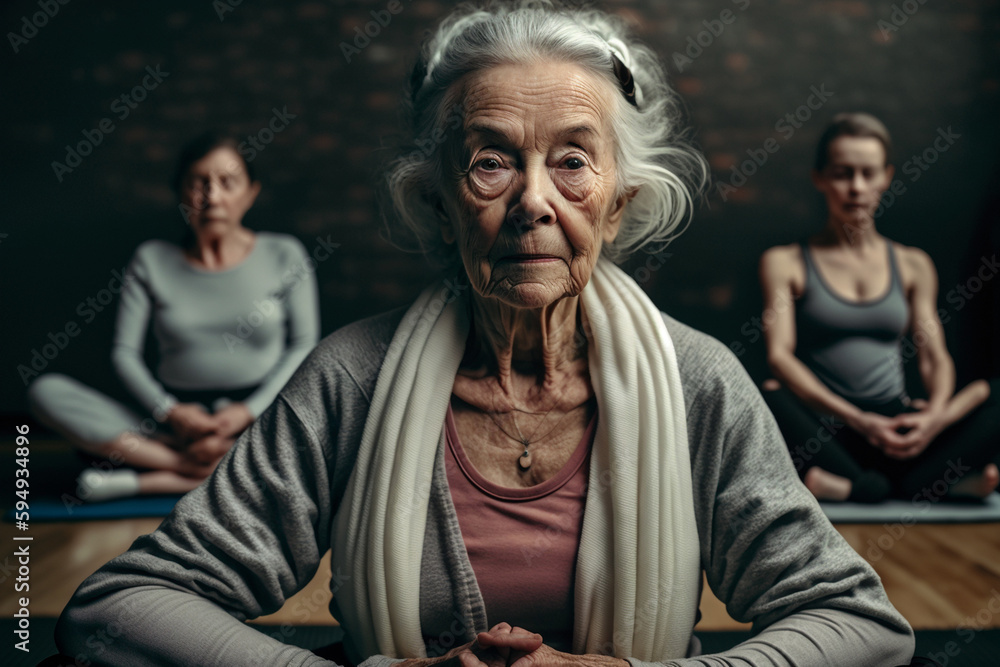 senior woman sitting in a yoga studio with other people, yoga or fitness. Generative AI