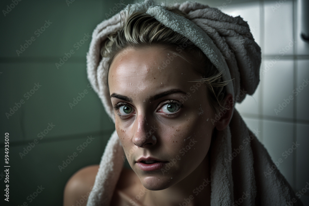 young woman, refreshed with bath towel after shower . Generative AI