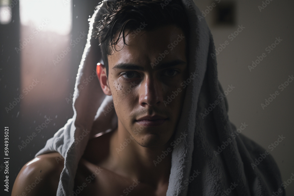 young man, refreshed with bath towel after shower . Generative AI