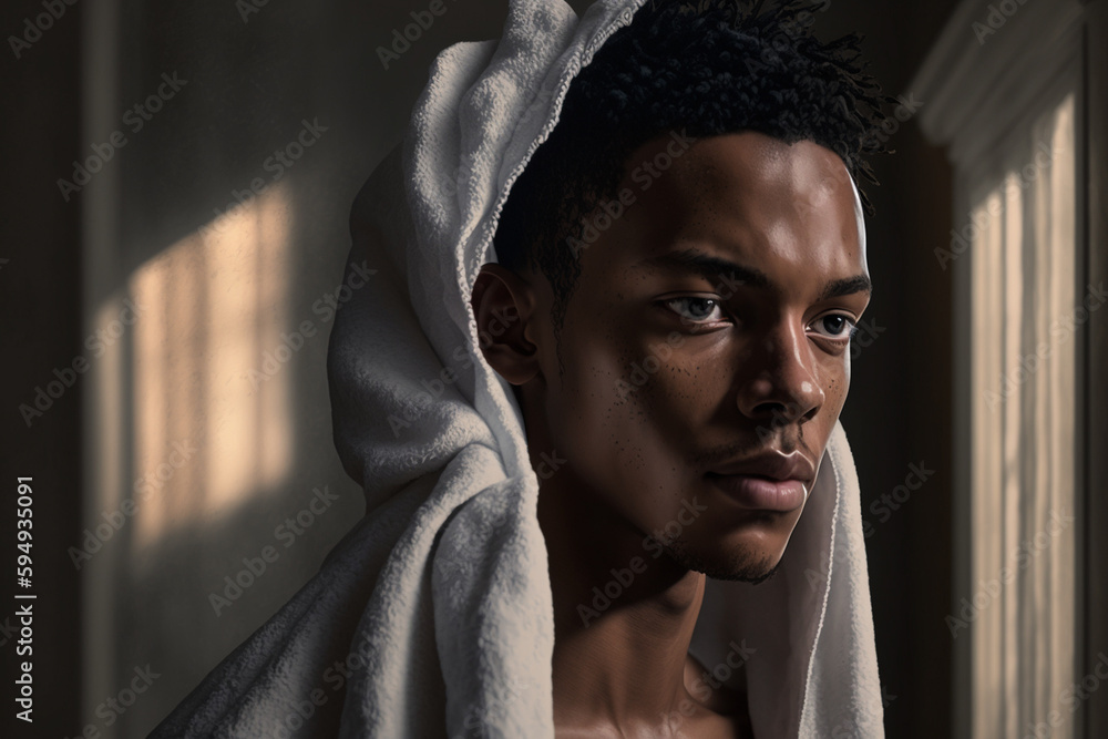 young man, refreshed with bath towel after shower . Generative AI young man, refreshed with bath towel after shower . Generative AI