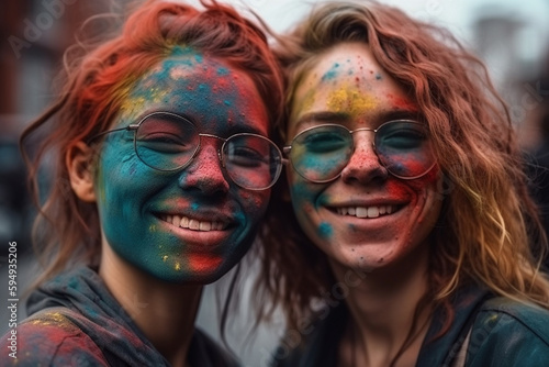 happy young women colorful color spectacle at color festival. Generative AI