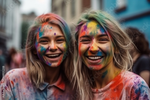happy young women colorful color spectacle at color festival. Generative AI