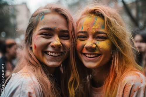 happy young women colorful color spectacle at color festival. Generative AI © wetzkaz