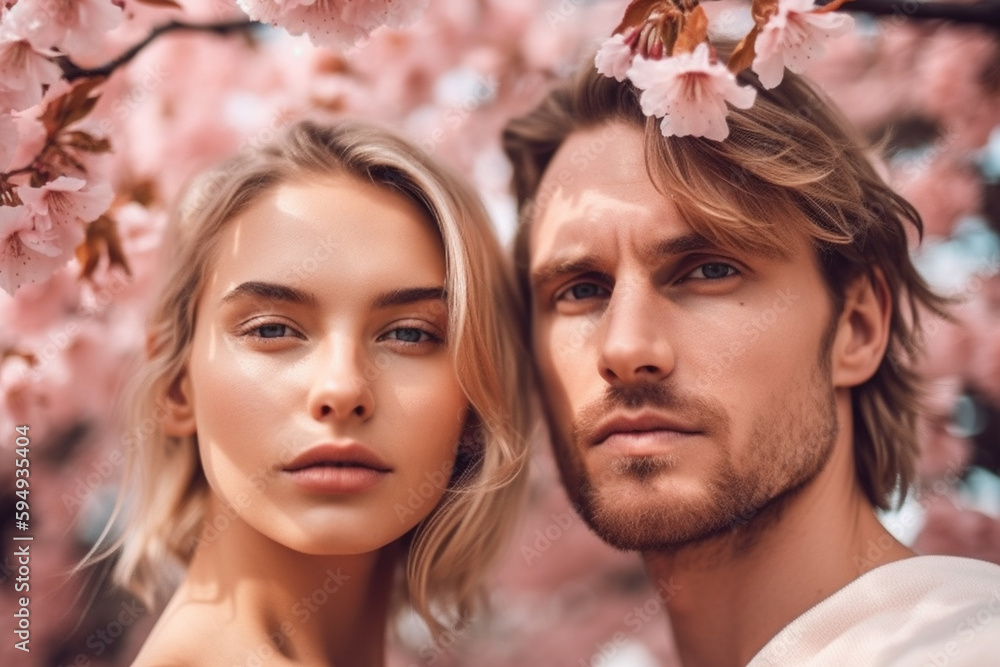 smiling beauty woman and handsome young adult man in close-up with spring background with pink sakura flowers in full bloom. Generative AI smiling beauty woman and handsome young adult man in close-up with spring background with pink sakura flowers in full bloom. Generative AI