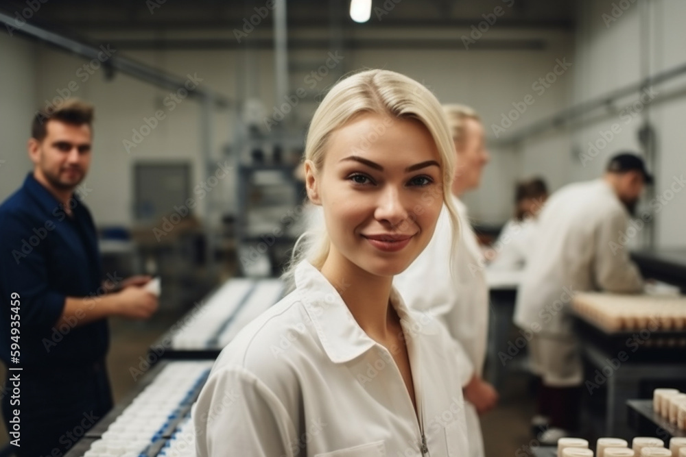 Obraz premium young woman with blond hair in a production hall or room, manufacturing and job, fictional place. Generative AI