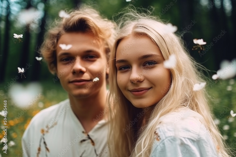 adult woman and man outdoors in nature in a field, tropical and summer. Generative AI