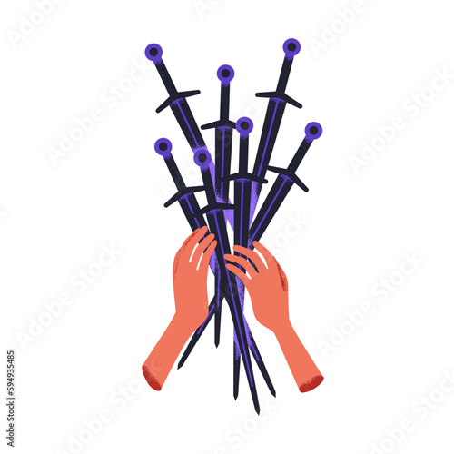 Hands holding many sharp swords. Warrior with bunch of sharp blades. Violence...