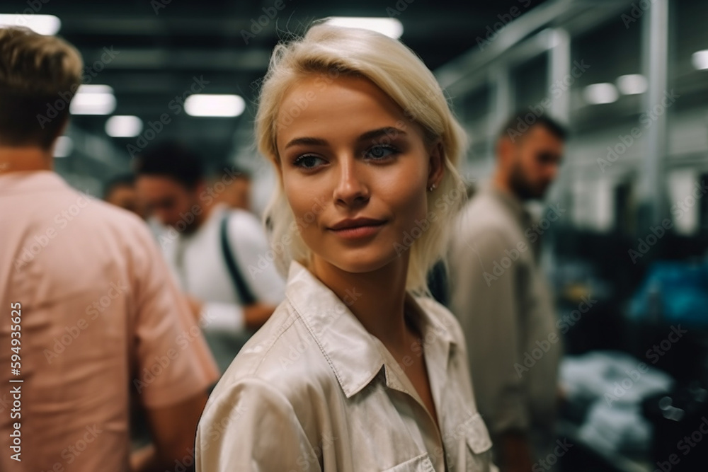 young woman with blond hair in a production hall or room, manufacturing and job, fictional place. Generative AI young woman with blond hair in a production hall or room, manufacturing and job, fictional place. Generative AI