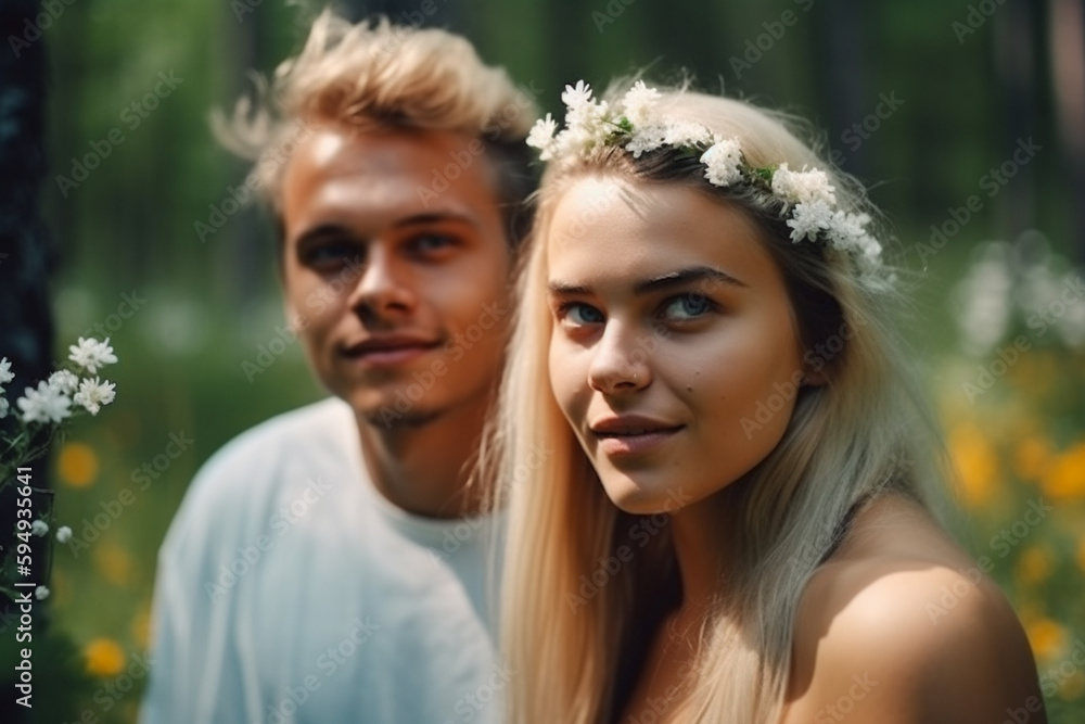 young couple or teenagers in nature, outdoors in the forest. Generative AI young couple or teenagers in nature, outdoors in the forest. Generative AI