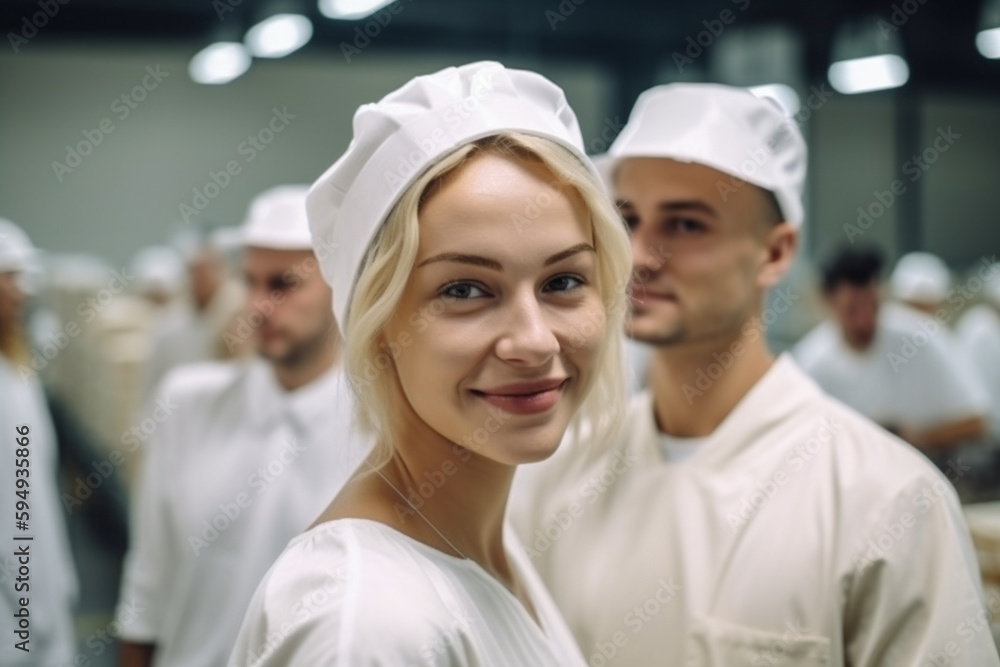 Fototapeta premium young woman with blond hair in a production hall or room, manufacturing and job, fictional place. Generative AI