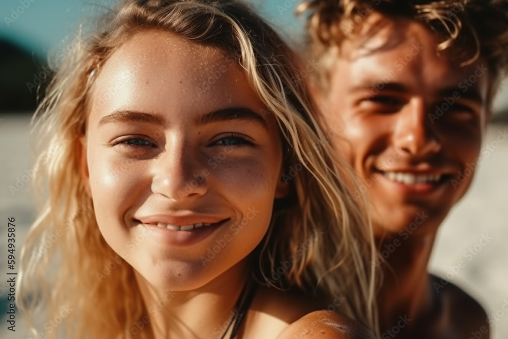 young adult woman or teenager with boyfriend or boyfriend outdoors in nature in a field, tropical and summer. Generative AI