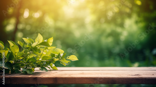 Beautiful spring background with green juicy young foliage and empty wooden table in nature outdoor. Natural template with Beauty bokeh and sunlight  close - up.