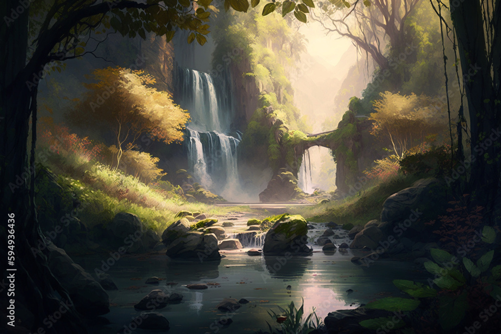 Enchanting Waterfall in Lush Rainforest - Generative AI Landscape