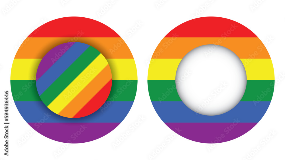 Circles with abstract color theme with lgbti community color palette, layered circle with shadow, ring, relationship, thematic isolated objects on white background, basic isolated element, rainbow 
