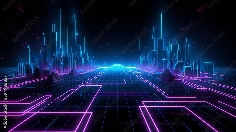 Abstract background neon lights with lines and a grid visuals technology Generative AI Abstract background neon lights with lines and a grid visuals technology Generative AI