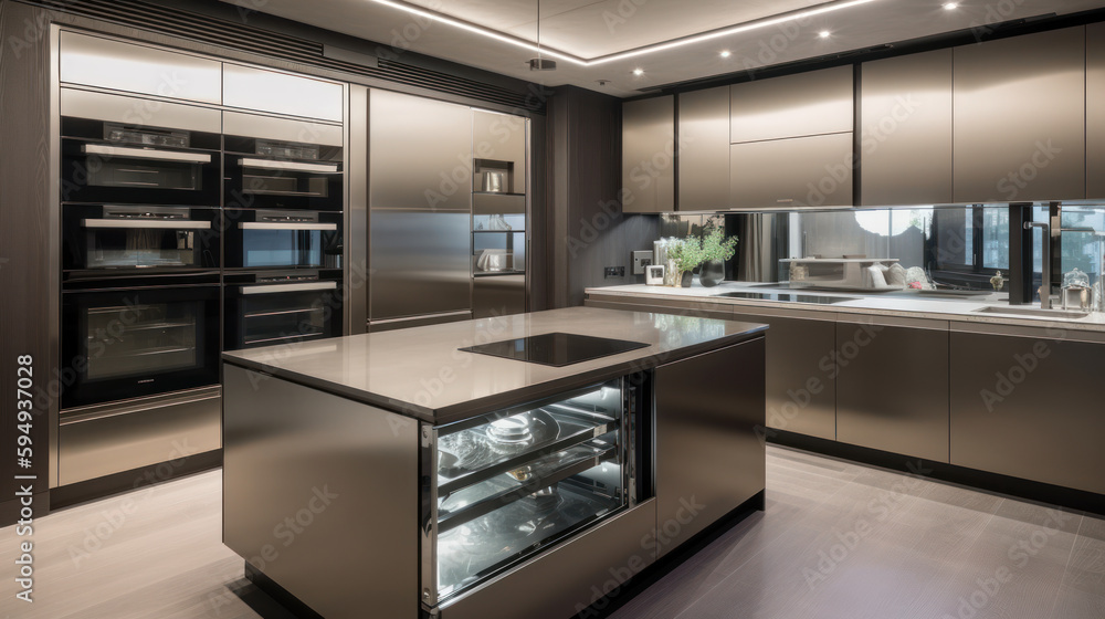 A sleek and high-tech kitchen with smart appliance, Generative AI A sleek and high-tech kitchen with smart appliance, Generative AI