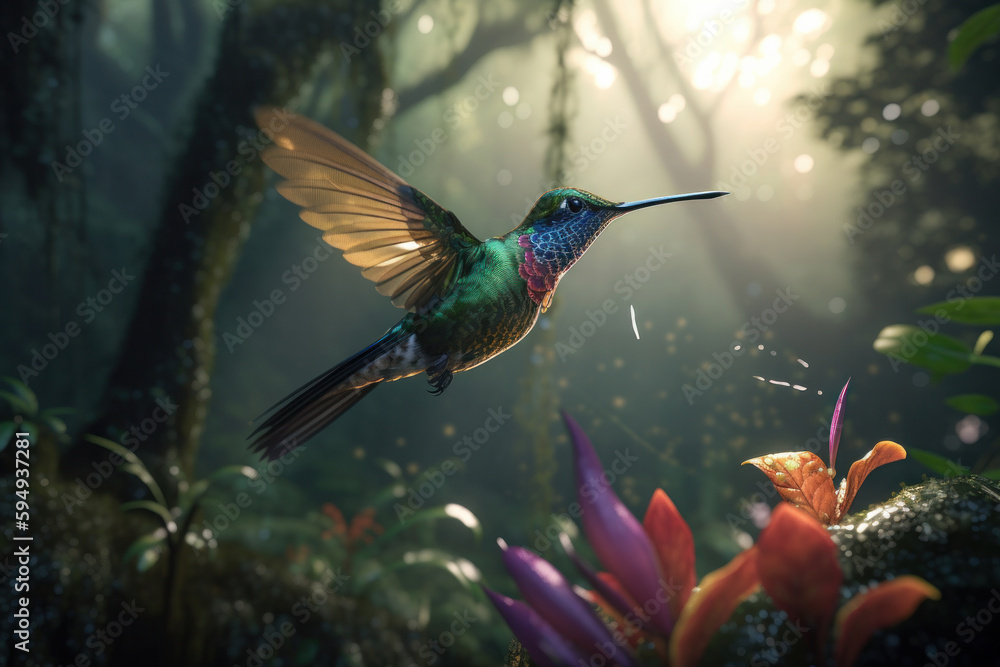 A hummingbird perched on a branch, its colorful feathers contrasting against the green leaves of a forest. A true work of art by nature. AI Generative.
