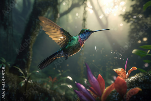 A hummingbird perched on a branch, its colorful feathers contrasting against the green leaves of a forest. A true work of art by nature. AI Generative. © sorapop