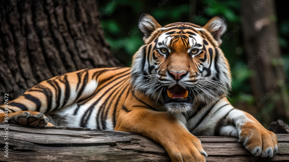 Fototapeta premium Tiger Laying on Log in Forest, Tree Trunk, Resting in Bush - Generated AI