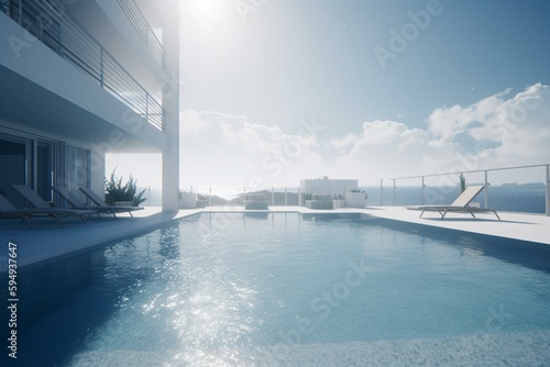 a large swimming pool next to a large white building with a view of the ocean in the distance and a lounge chair on the side of the pool.  generative ai © Emily