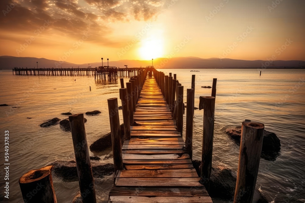 Sunset at the pier. Bridge in the water.