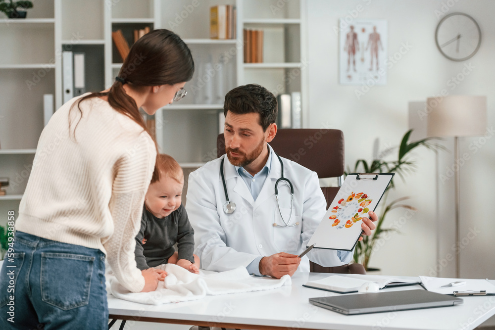 Holding paper with picture of food and vitamins. With baby and mother. Doctor in formal clothes Holding paper with picture of food and vitamins. With baby and mother. Doctor in formal clothes