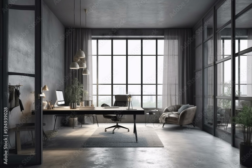 Grey office interior with work and relax zone, panoramic window. Generative AI