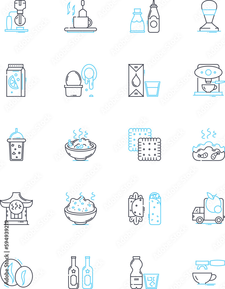 Repast linear icons set. Meal, Dish, Plate, Cuisine, Feast, Gathering, Banquet line vector and concept signs. Spread,Buffet,Food outline illustrations