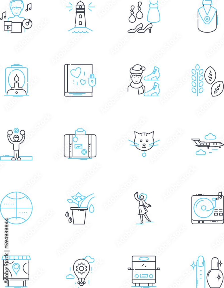 Pastimes linear icons set. Cooking, Painting, Hiking, Reading, Writing, Dancing, Singing line vector and concept signs. Yoga,Gardening,Traveling outline illustrations