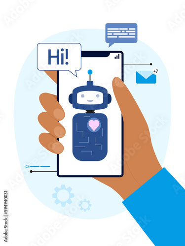 AI robot assistant. Chatbot vs livechat concept. Robot application in mobile phone. Flat vector illustration.  photo