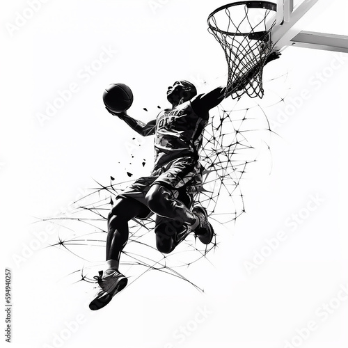 Silhouette di giocatore di basket in posa cestistica su fondo bianco, ai photo