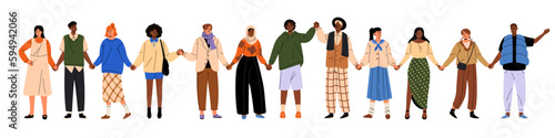 People group, international community standing in row together, holding hands. Multi-ethnic unity, diverse society. Togetherness concept. Flat graphic vector illustration isolated on white background