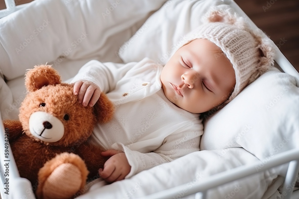 Cute newborn baby sleeps with teddy bear (Ai generated) Cute newborn baby sleeps with teddy bear (Ai generated)