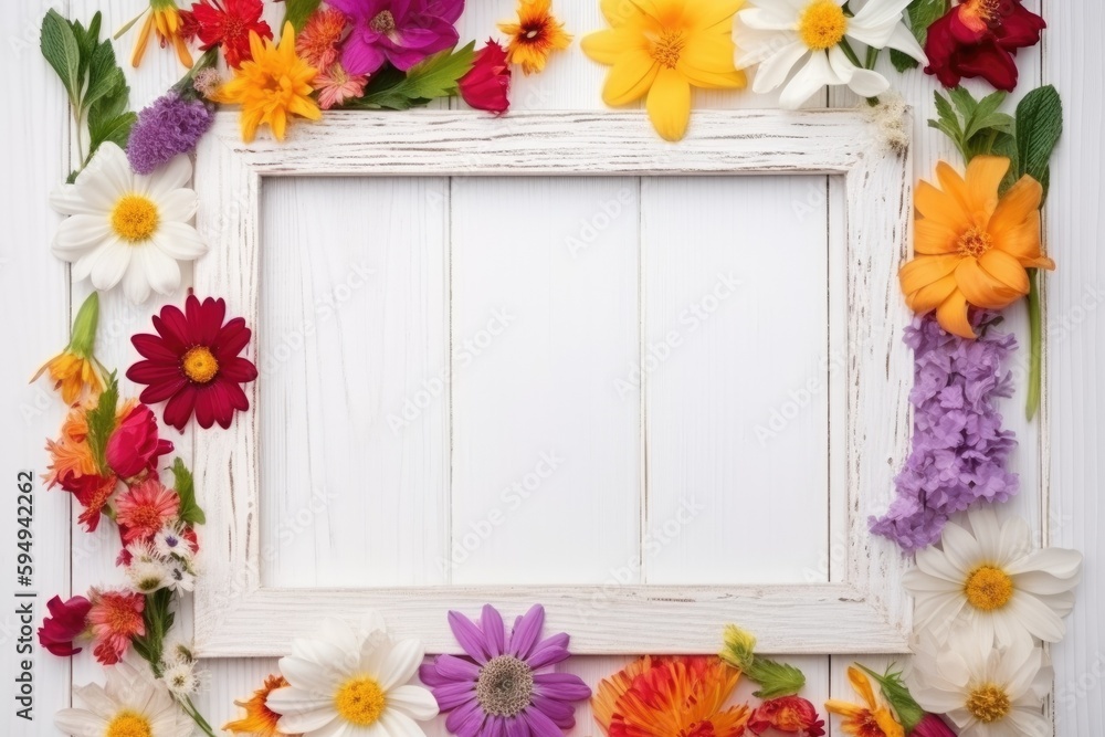 Flowers frame on white wooden background. Top view with blank space. AI-Generated. Flowers frame on white wooden background. Top view with blank space. AI-Generated.