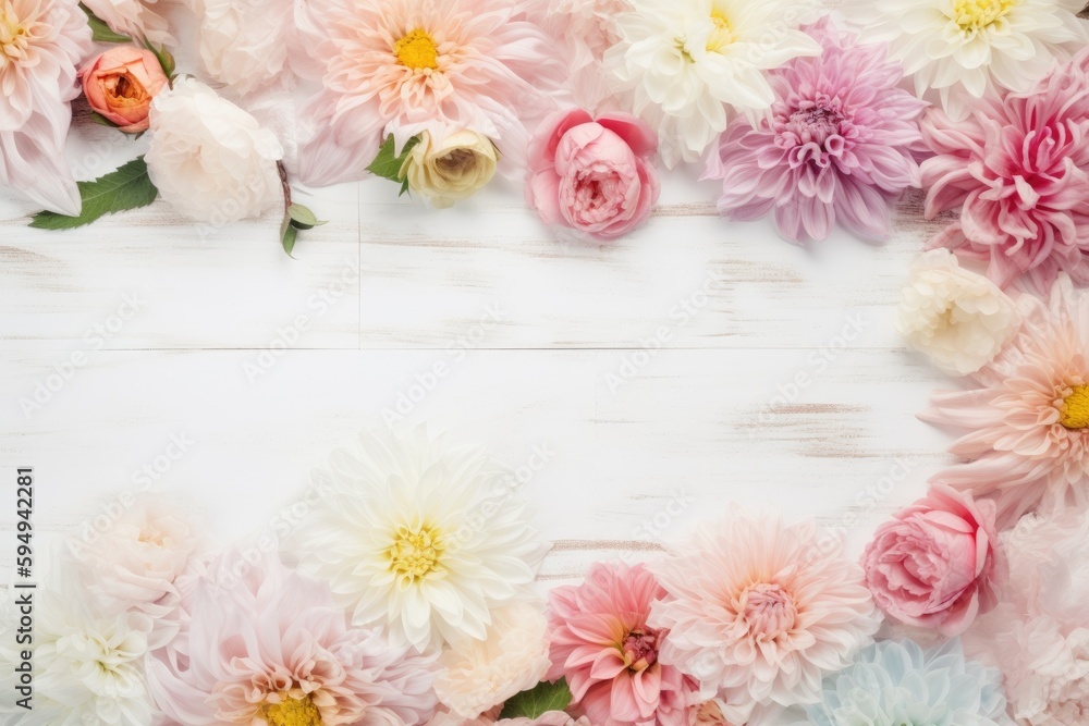 Flowers frame on white wooden background. Top view with blank space. AI-Generated. Flowers frame on white wooden background. Top view with blank space. AI-Generated.